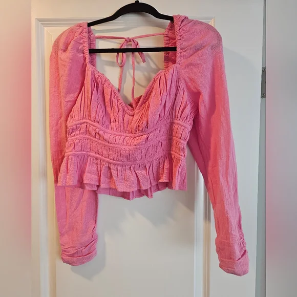Free People Pink Ruched Peplum Blouse - Picture 4 of 6